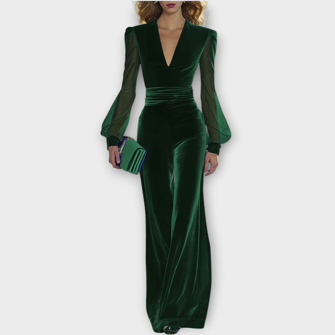 Velvet Wide-Leg Jumpsuit with Sheer Sleeves