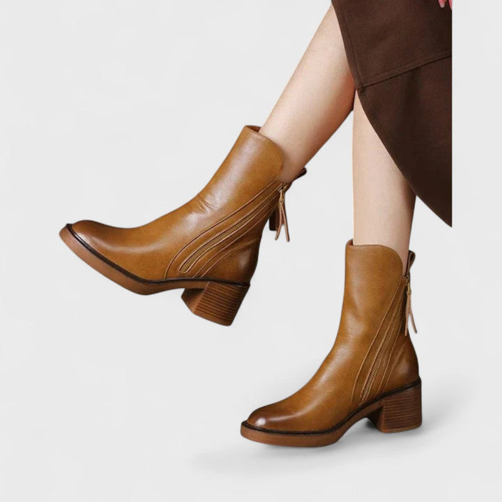 Classic Leather Ankle Boots with Side Zipper and Block Heel