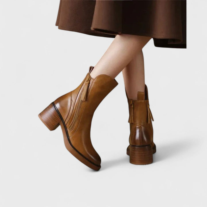 Classic Leather Ankle Boots with Side Zipper and Block Heel