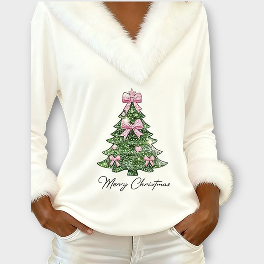 Merry Christmas Fur-Trim V-Neck Top