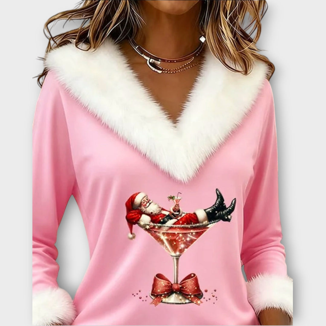 Santa Martini Faux-Fur Holiday Top