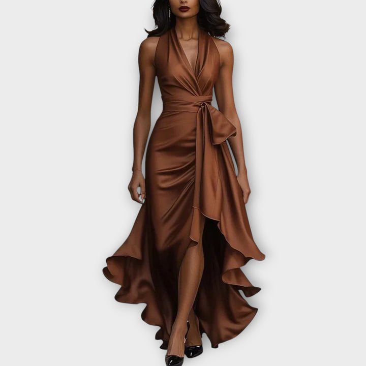 Satin Halter Gown with Draped Waist Tie