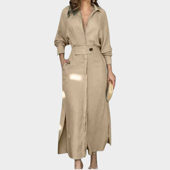 Chic Belted Shirt Maxi Dress