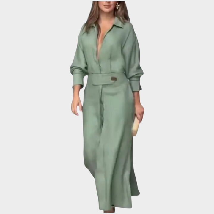 Chic Belted Shirt Maxi Dress