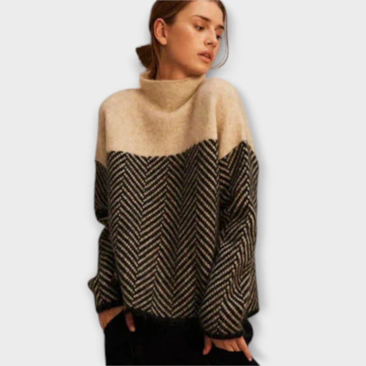 Cozy Two-Tone Herringbone Knit Sweater