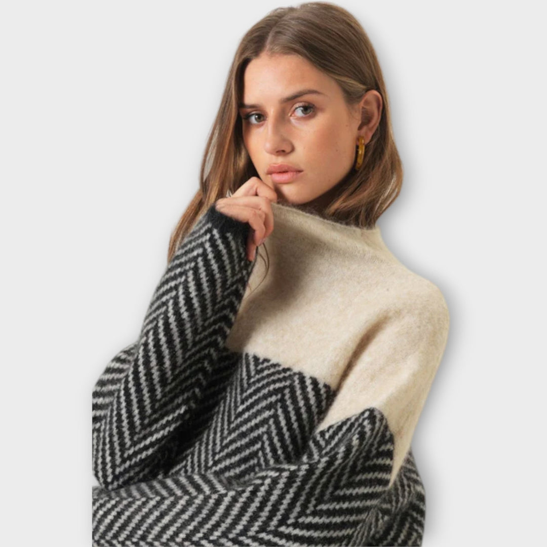Cozy Two-Tone Herringbone Knit Sweater