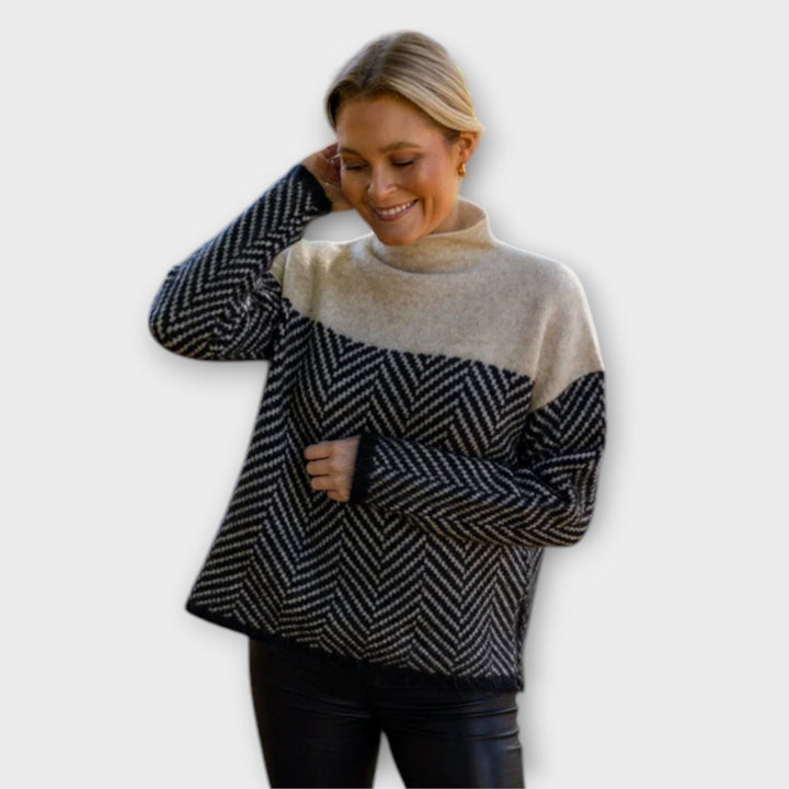 Cozy Two-Tone Herringbone Knit Sweater