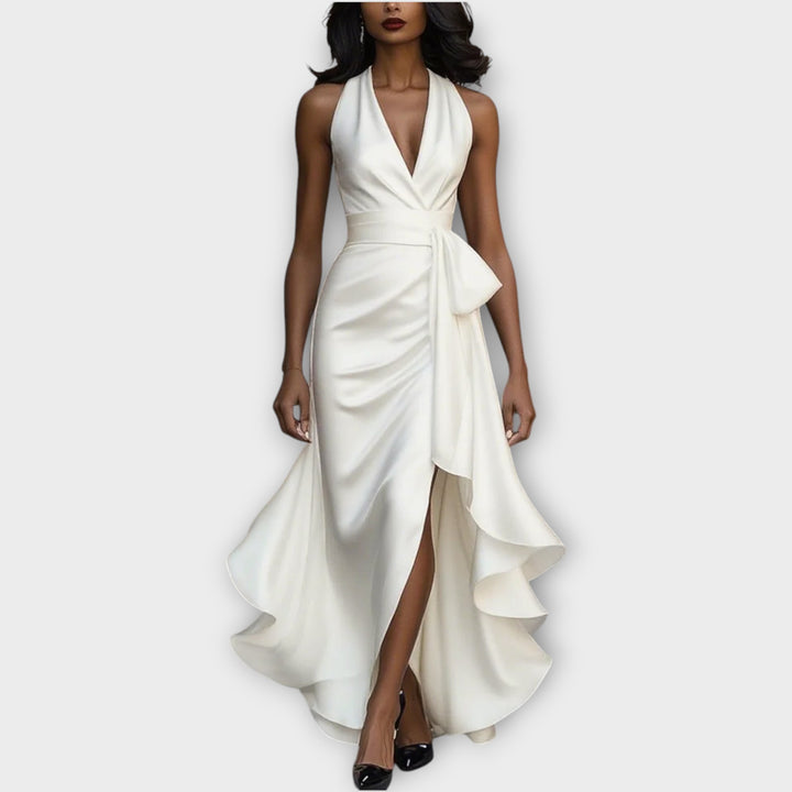 Satin Halter Gown with Draped Waist Tie